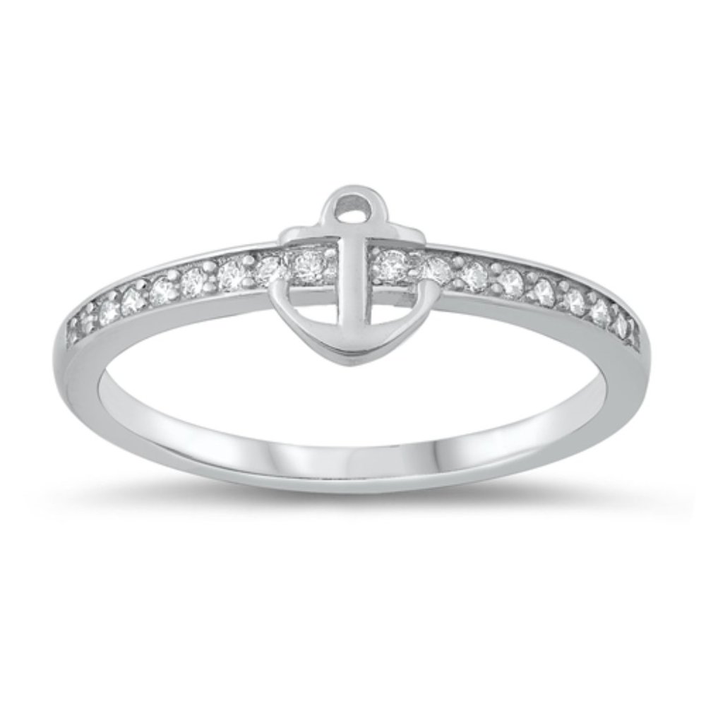 Sterling Silver Rhodium Plated CZ Anchor Ring